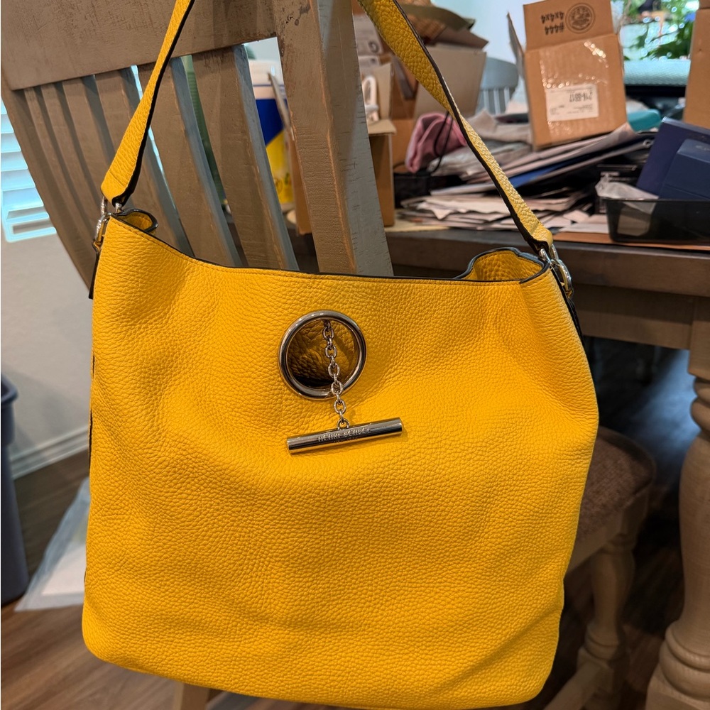 henri bendel Bright Yellow Leather Shoulder Hobo with Silver Ring Accent